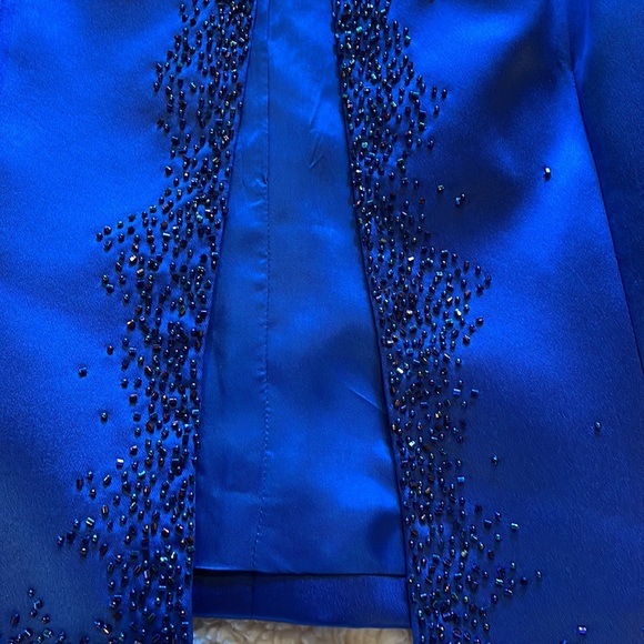Two piece evening royal blue satin and beaded long skirt and jacket - Picture 7 of 8
